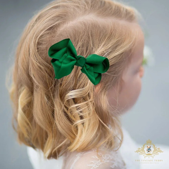 Other - Set of 2 Pretty Girls Hair Bows Grosgrain Ribbon Hair Clips Accessory Dark Green